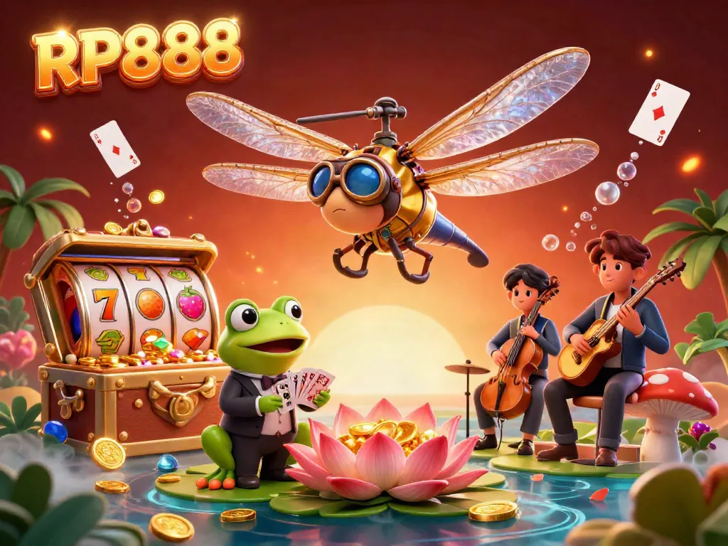 Experience the vibrant RP888 casino scene with a dragonfly pilot, a frog croupier, and festive casino elements.