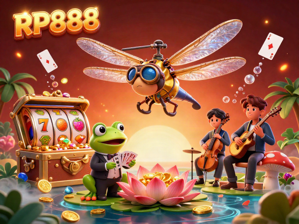 Experience the vibrant RP888 casino scene with a dragonfly pilot, a frog croupier, and festive casino elements.