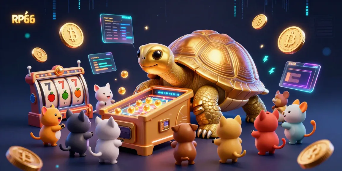 Play slots in the immersive RP66 casino experience with a golden tortoise pinball machine and crypto themes.