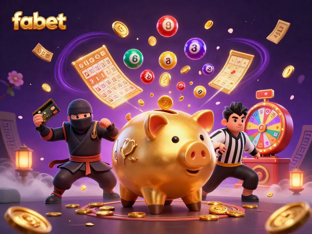 Fabet engages players with golden coins falling from a piggy bank sumo wrestler, exciting lottery elements, and vibrant energy.