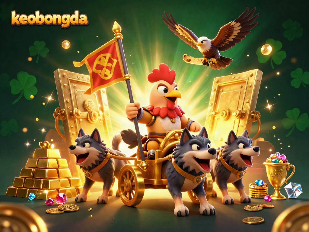 Engage with keobongda through a vibrant, illustrated scene featuring a rooster warlord in a dynamic casino-themed adventure.