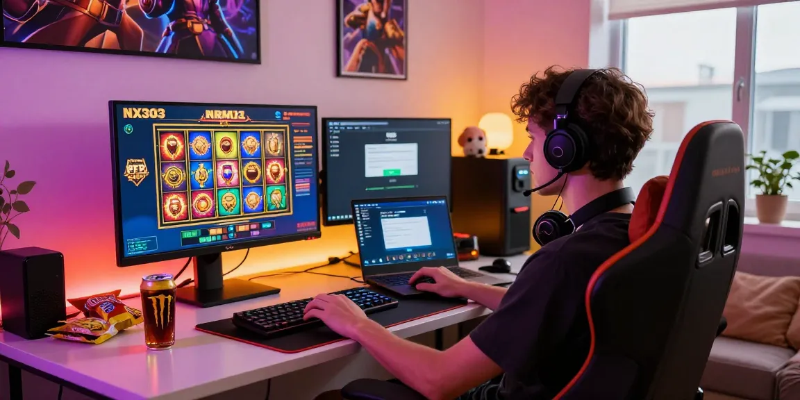 Exciting NX303 slot gaming scene, player engaged with colorful slot reels and RTP stats.