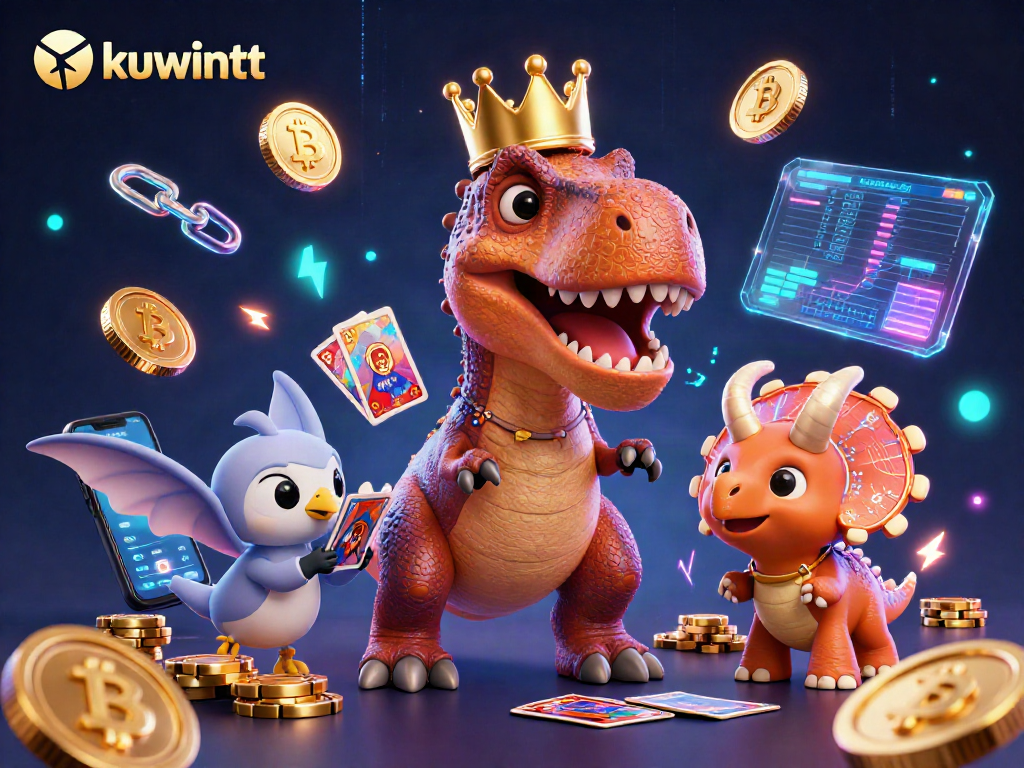 Kuwintt showcases exciting gaming with a T-Rex shuffling cards amidst vibrant casino elements.