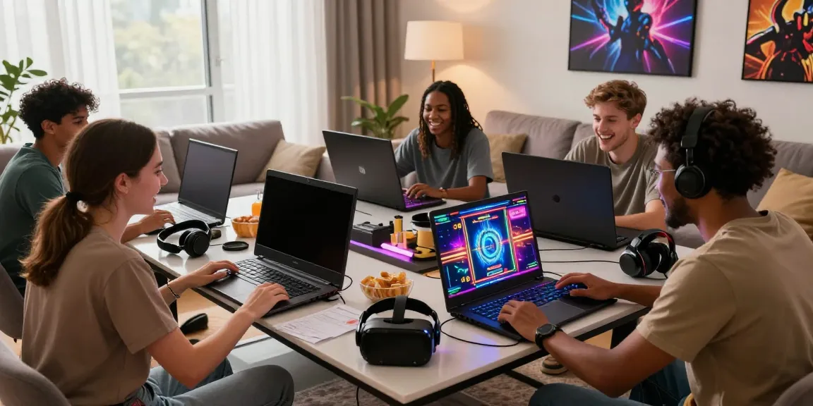 Engaged friends enjoying akunjp slot games in a vibrant gaming setup.