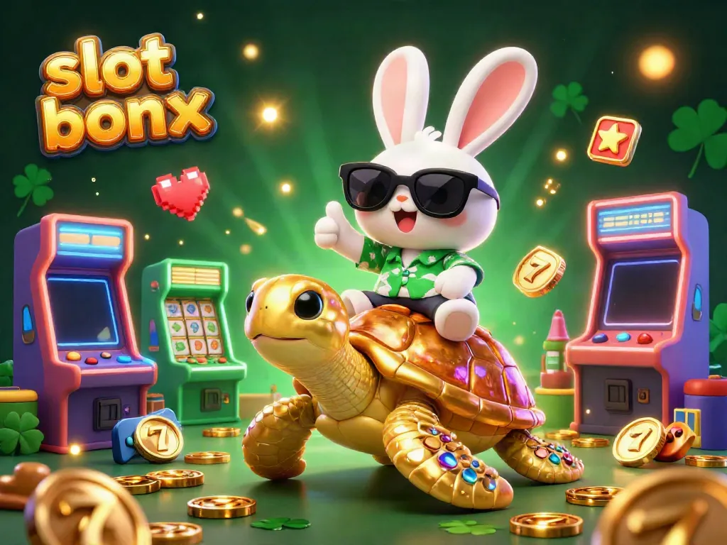 Experience the excitement of a slot bonus with a charming rabbit and golden turtle amidst vibrant game elements.