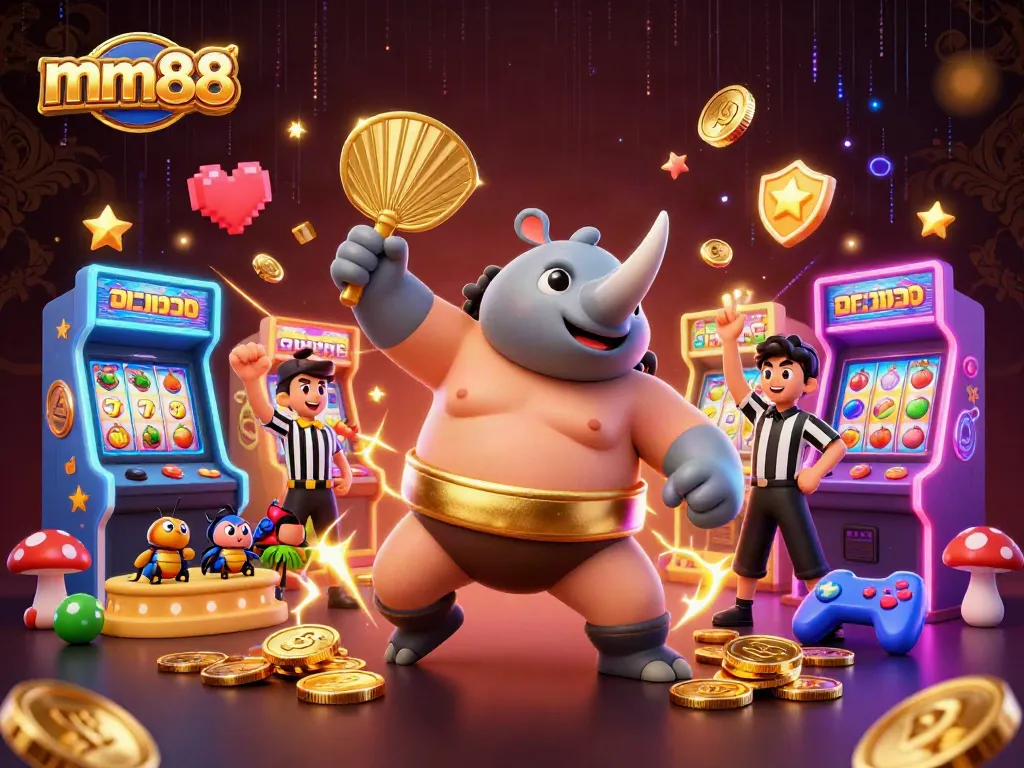 mm88 showcases a lively scene of a beetle sumo champion amidst flying coins and vibrant slot machines.