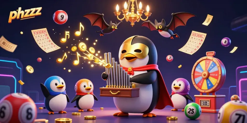 Engage with phzzz in a vibrant casino scene featuring a phantom penguin and bats amidst golden coins and lottery elements.