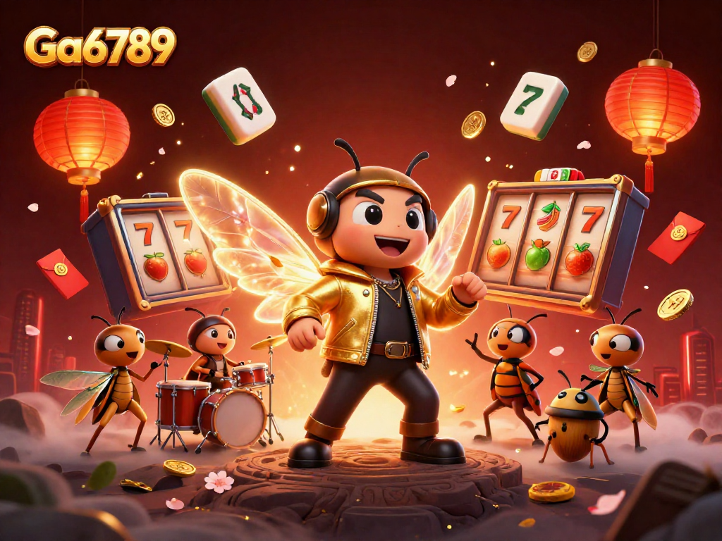 Engage with Ga6789's vibrant casino scene featuring a cicada rock star and dynamic slot elements.