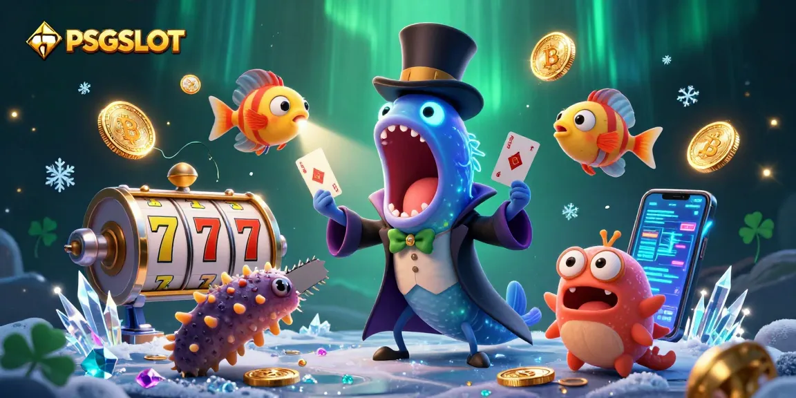 Experience PSGSLOT magic with animated characters in a vibrant casino-themed illustration.
