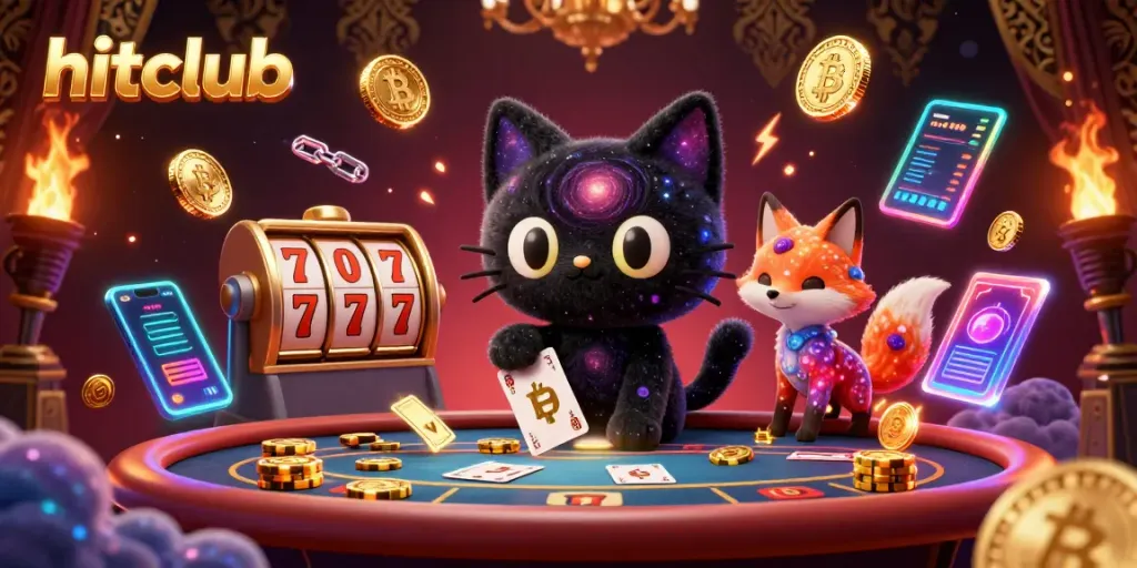 Engage with hitclub's cosmic casino, featuring a black hole cat and nebula fox amid vibrant game elements.