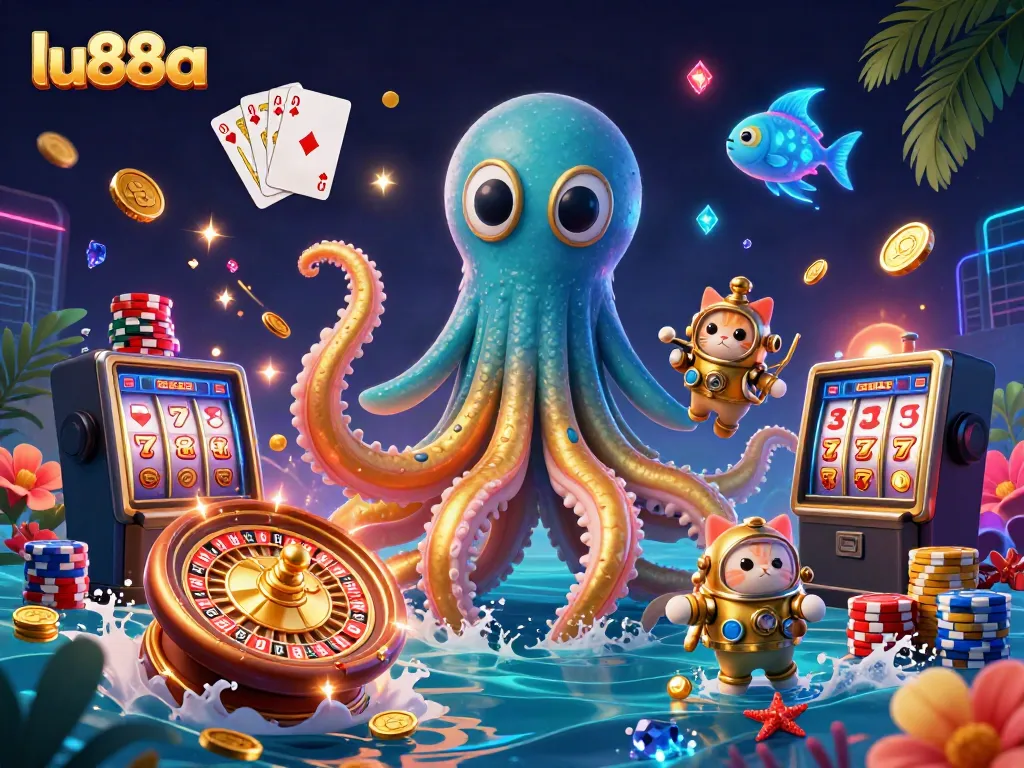 Experience thrilling gaming at lu88a with a vibrant underwater casino scene featuring a kraken and diving cat.