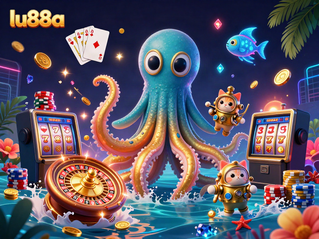 Experience thrilling gaming at lu88a with a vibrant underwater casino scene featuring a kraken and diving cat.