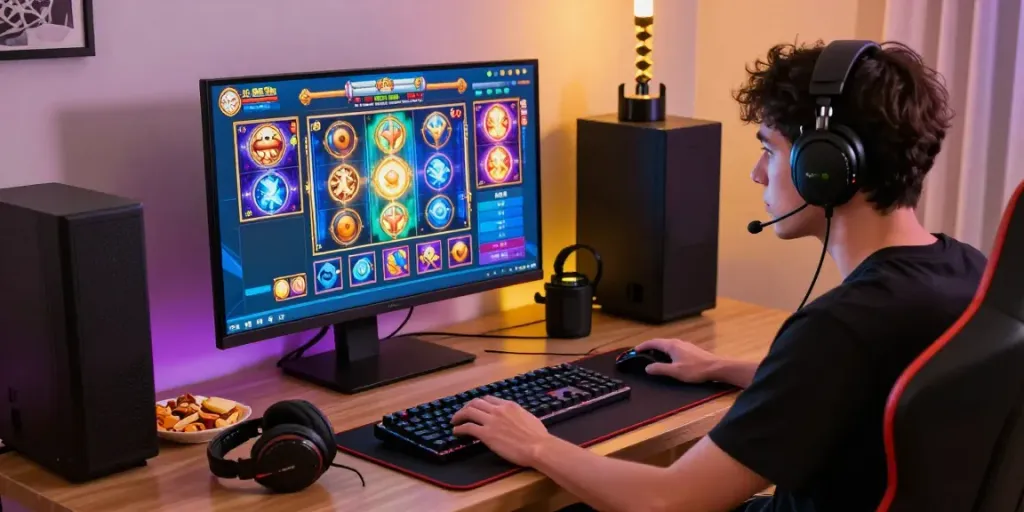 Engaging player in a vibrant online gaming setup exploring slot resmi games in a cozy environment.