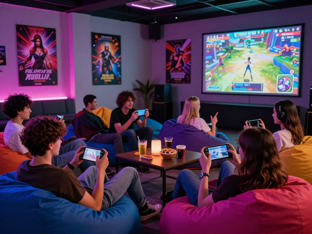 Gamers enjoying vibrant sexgames in a lively adult gaming lounge.