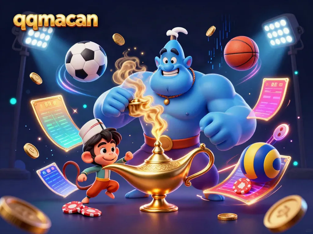 Experience the thrill of qqmacan gaming with a dynamic 3D illustration featuring magical elements and gambling excitement.