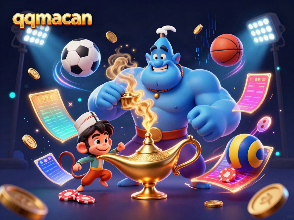Experience the thrill of qqmacan gaming with a dynamic 3D illustration featuring magical elements and gambling excitement.