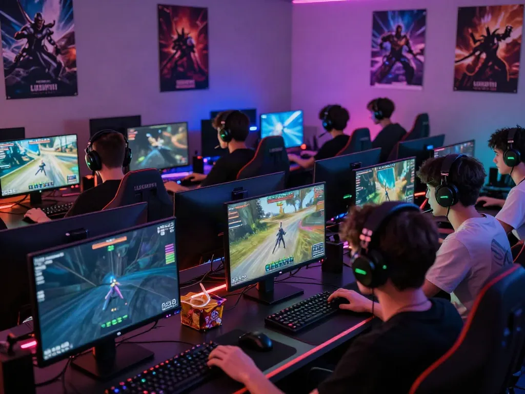 Players enjoying an intense online gaming session at Luxury111, illuminated by colorful LED lights.