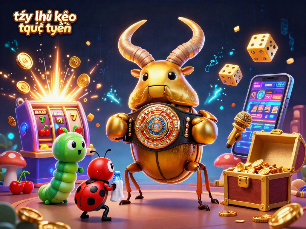 Capture the excitement of tỷ lệ kèo trực tuyến with a vibrant 3D cartoon illustration showcasing a boxing beetle amidst casino elements.