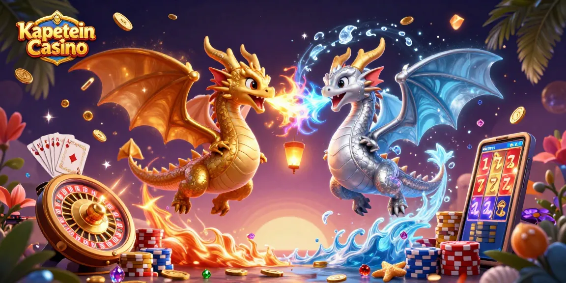 Kapitein Casino menghadirkan aksi permainan kartu dan koin emas yang melimpah di antara naga terbang.