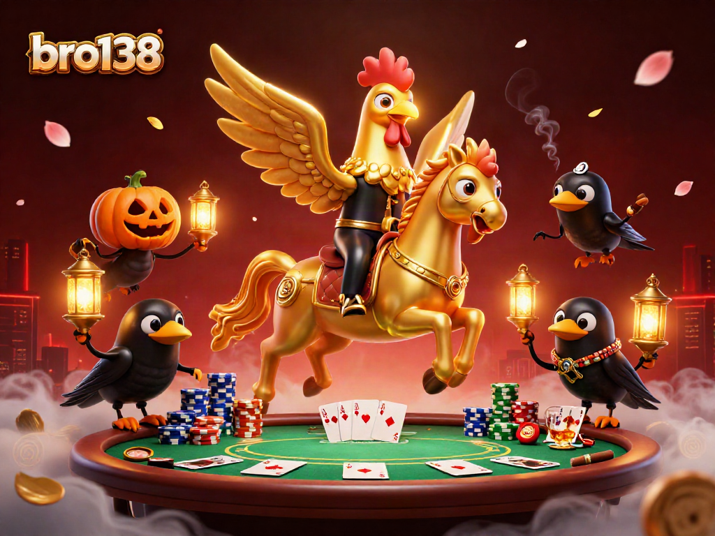 Spin the reels with excitement on bro138 featuring a golden rooster and spooky companions amidst thrilling casino action.