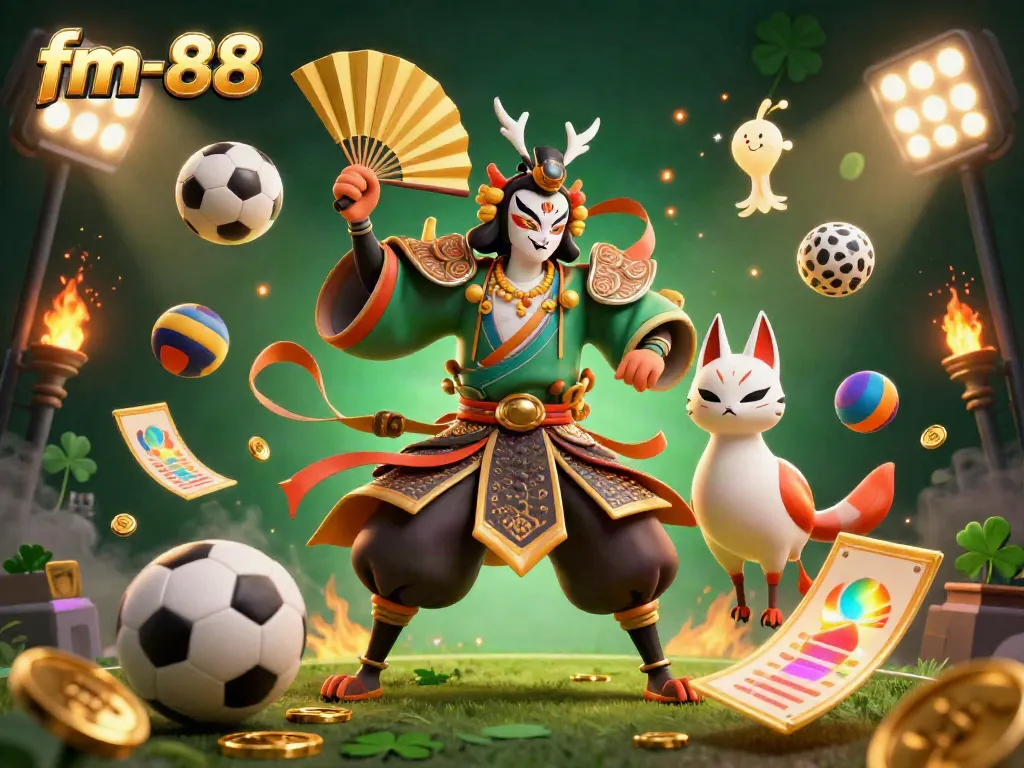 Experience exhilarating gaming at fm-88 with a 3D kabuki warrior and dynamic sports elements.