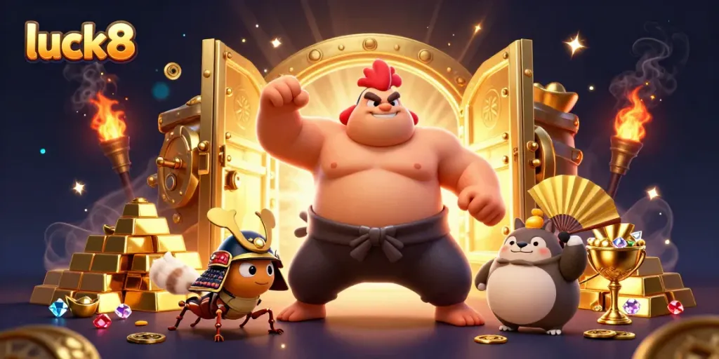 Luck8 characters celebrating in a casino treasure scene filled with gold, gems, and festive effects.