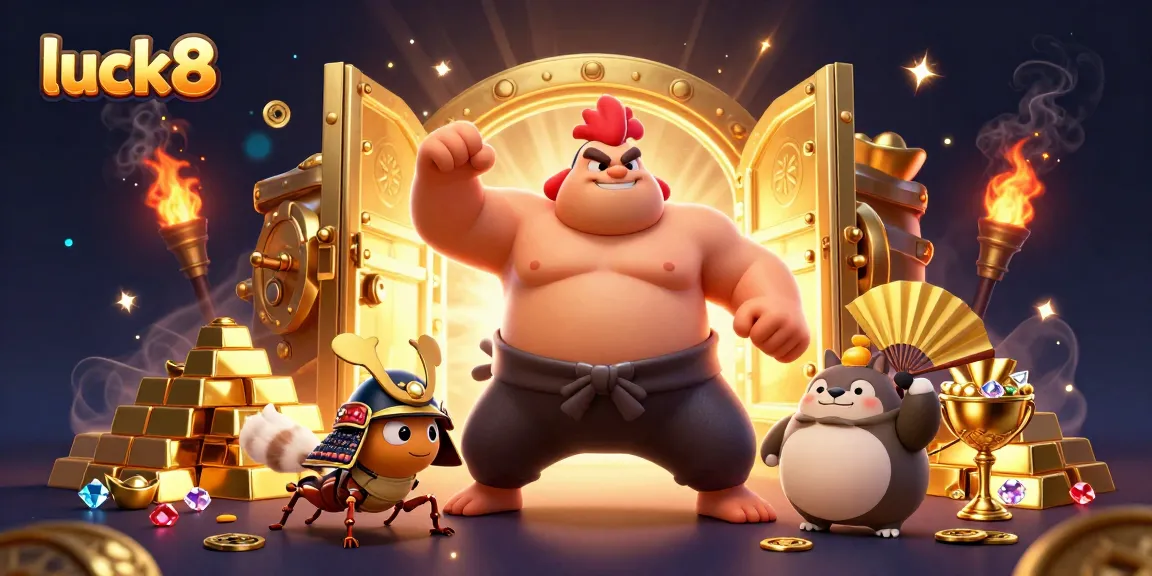 Luck8 characters celebrating in a casino treasure scene filled with gold, gems, and festive effects.