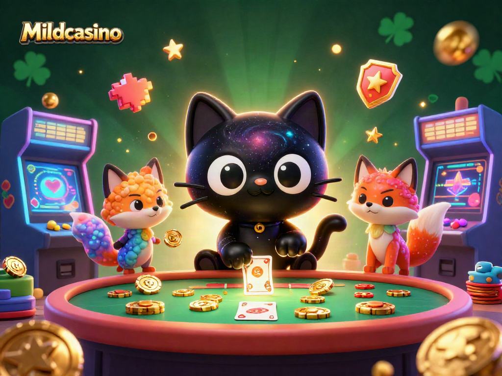Mildcasino features a cosmic game with a black hole cat and nebula fox collecting golden chips and cards.