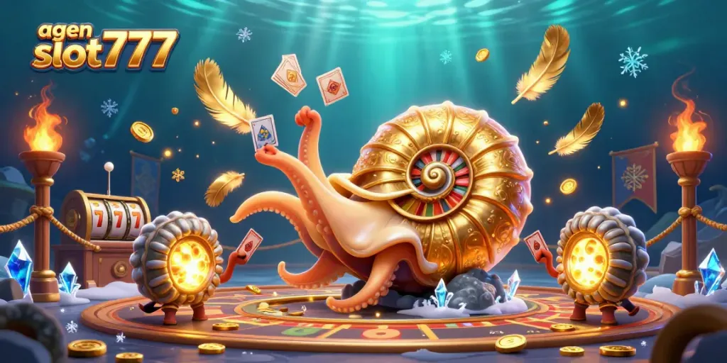 Engage with exciting agen slot777 gameplay featuring a giant nautilus roulette character and glowing ammonites.