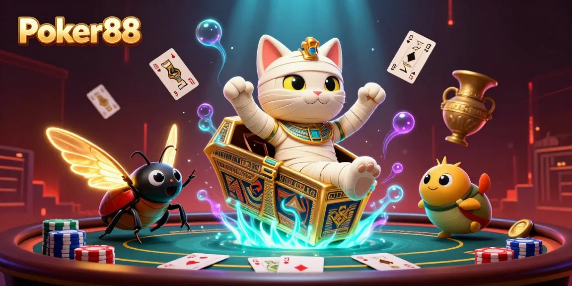Immerse in Poker88 as the Egyptian mummy cat leads a thrilling poker adventure with vibrant gaming elements.