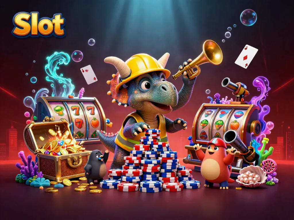 Experience Slot excitement with cartoon dinosaurs and casino symbols in a vibrant underwater scene.