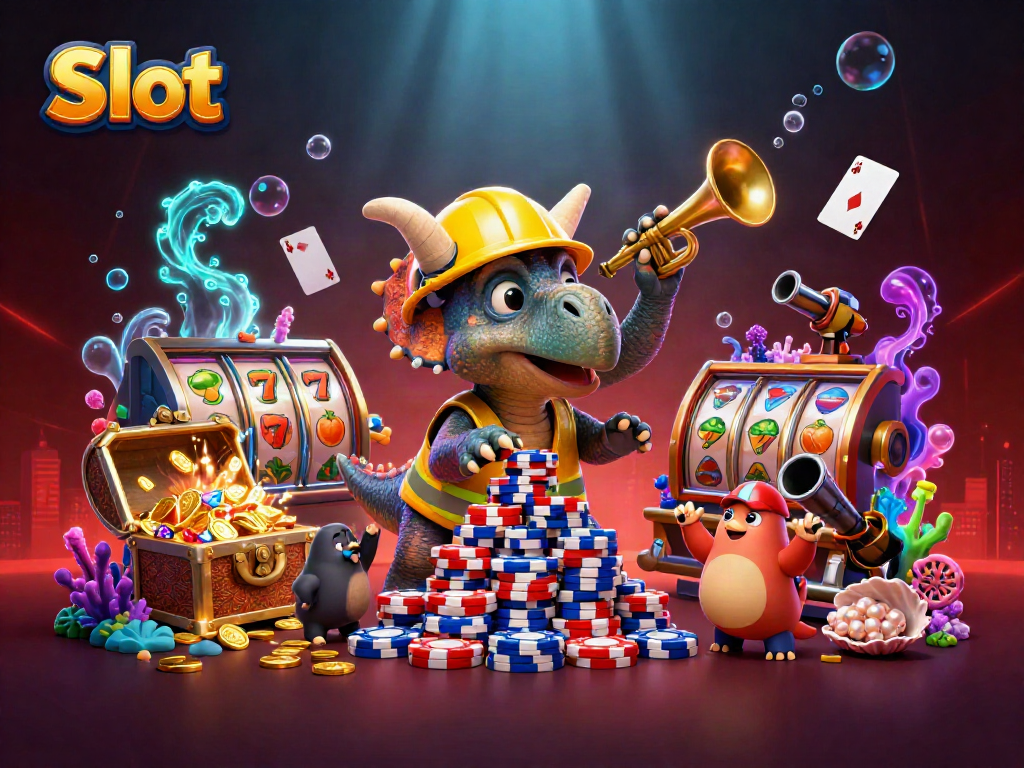 Experience Slot excitement with cartoon dinosaurs and casino symbols in a vibrant underwater scene.