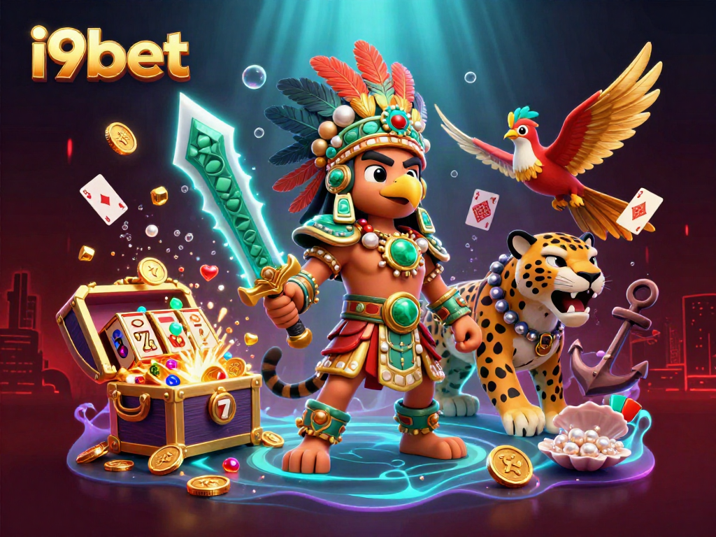 Play to win at i9bet with this vibrant 3D illustration showcasing an Aztec-themed adventure with jackpots and treasure.