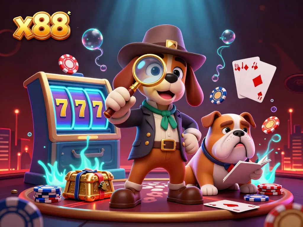 Engage in thrilling casino action at x88, where a detective and bulldog uncover poker clues amid vibrant gaming elements.