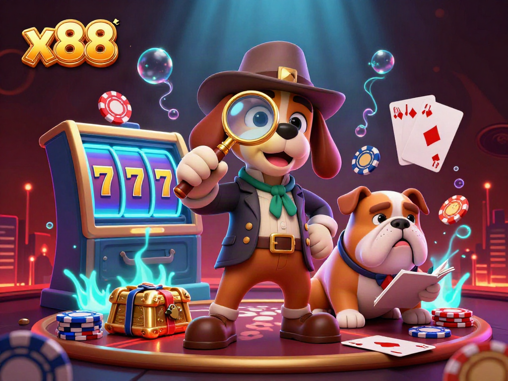 Engage in thrilling casino action at x88, where a detective and bulldog uncover poker clues amid vibrant gaming elements.