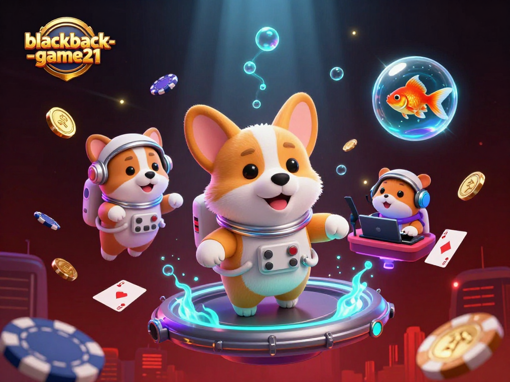 Engage in thrilling gameplay at blackjack-game21 with vibrant illustrations of an astronaut corgi and casino elements