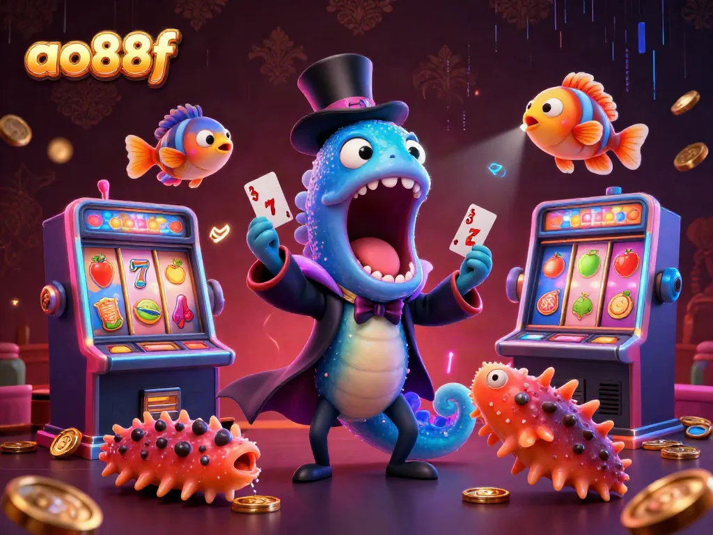 Engage in thrilling casino action with ao88f's vibrant 3D deep-sea casino illustration featuring a magical eel and slot machines.
