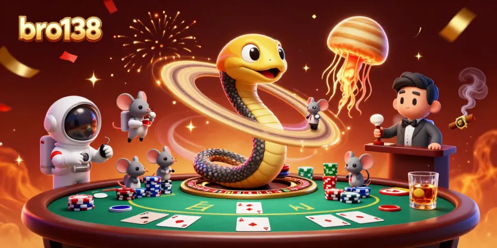 Bro138 showcases a dynamic casino scene with a Saturn ring snake and astronaut mice betting on a roulette wheel.