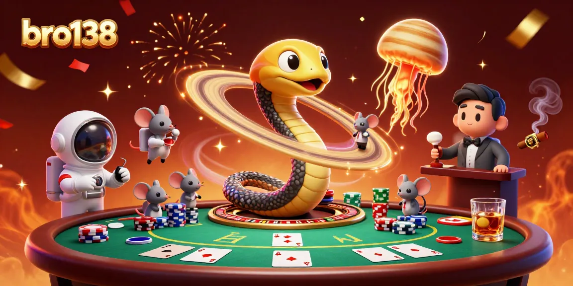 Bro138 showcases a dynamic casino scene with a Saturn ring snake and astronaut mice betting on a roulette wheel.