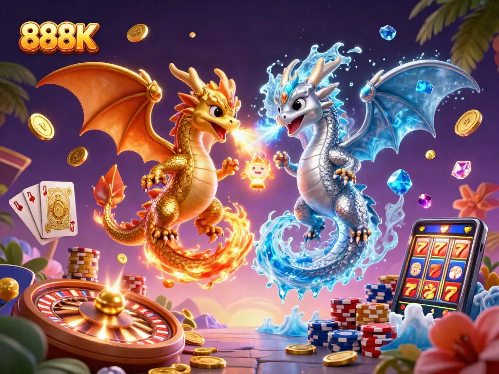 Engage with thrilling 888K casino action featuring dragons, slots, and roulette in vibrant design.