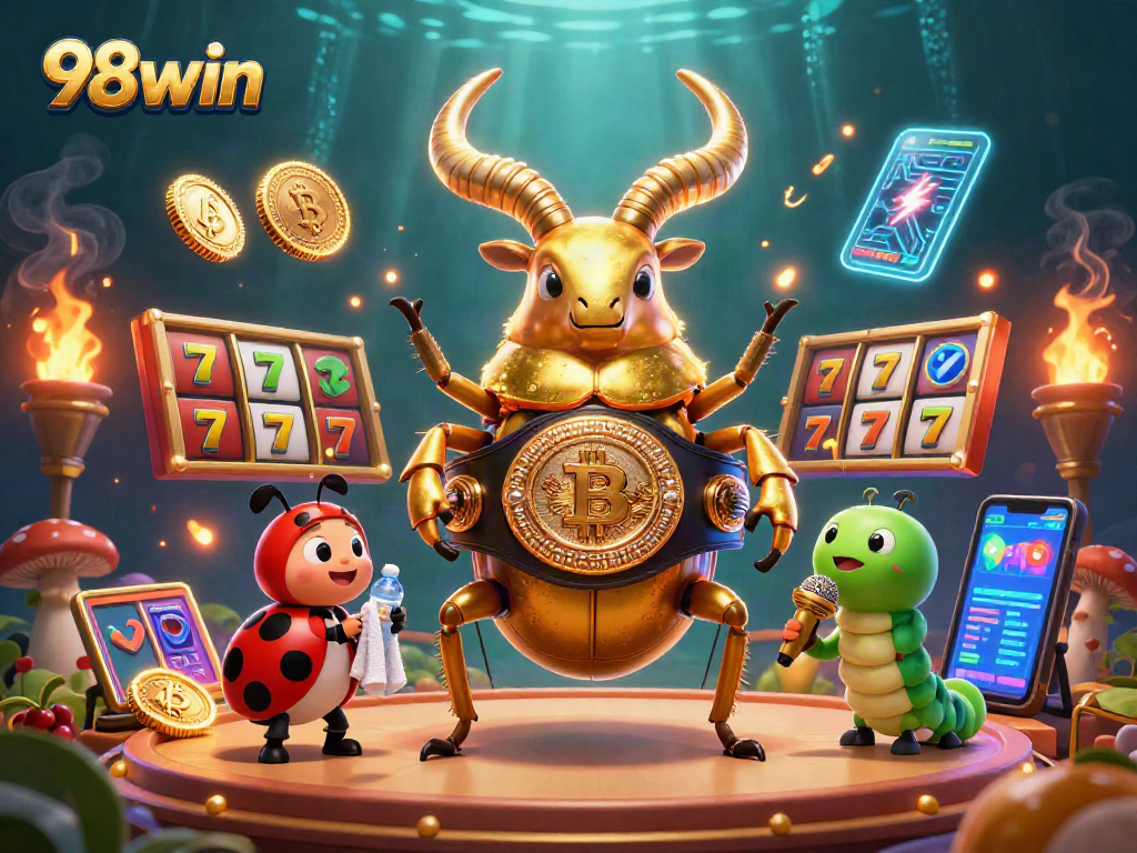 Engage with thrilling gameplay at 98win, featuring a dynamic casino scene with characters and playful symbols.