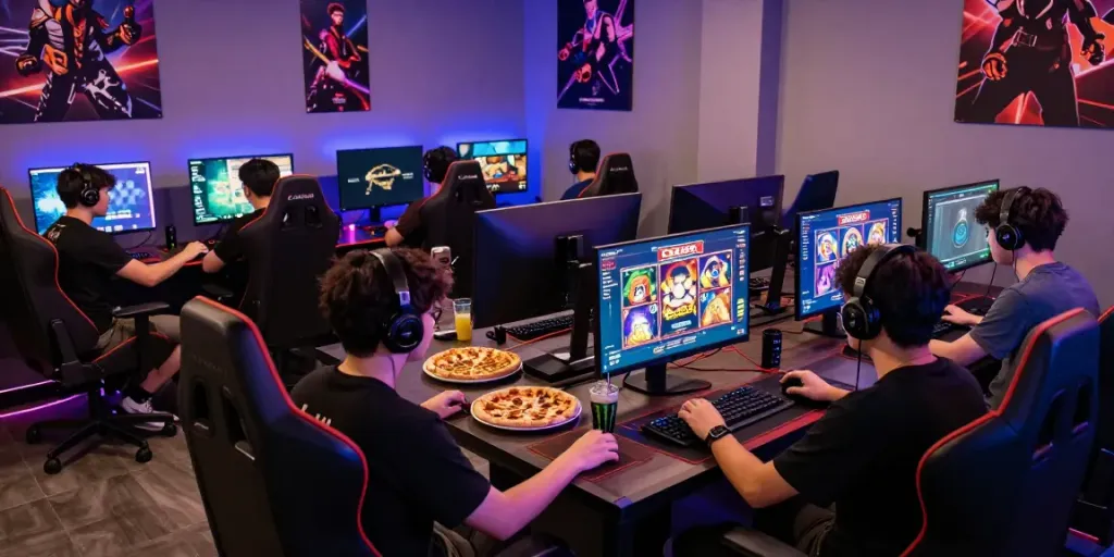 Players immersed in slot gacor gaming at a tech-savvy lounge.