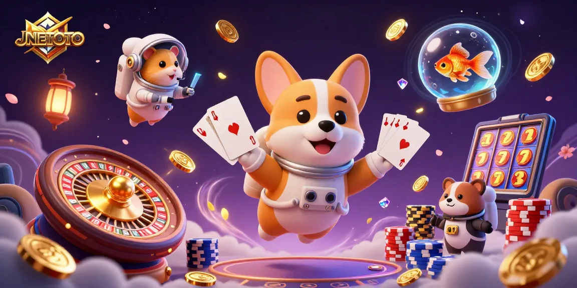 Experience JNETOTO with an astronaut corgi in a vibrant space casino full of floating coins and poker chips.