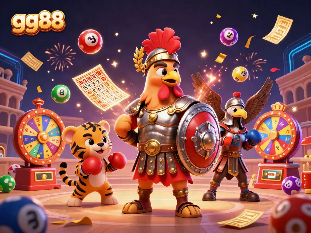 Engage with gg88 in a vibrant 3D casino scene showcasing winning gameplay with colorful lottery elements.