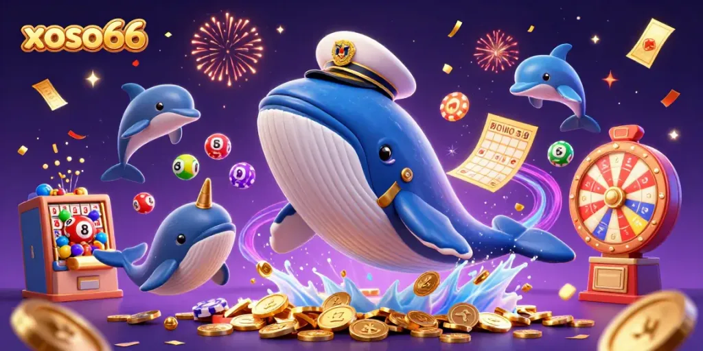 xoso66 brings excitement with a whale, narwhal, and dolphins amidst colorful lottery elements.