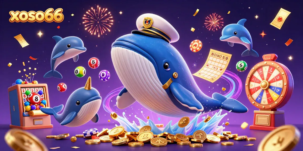 xoso66 brings excitement with a whale, narwhal, and dolphins amidst colorful lottery elements.