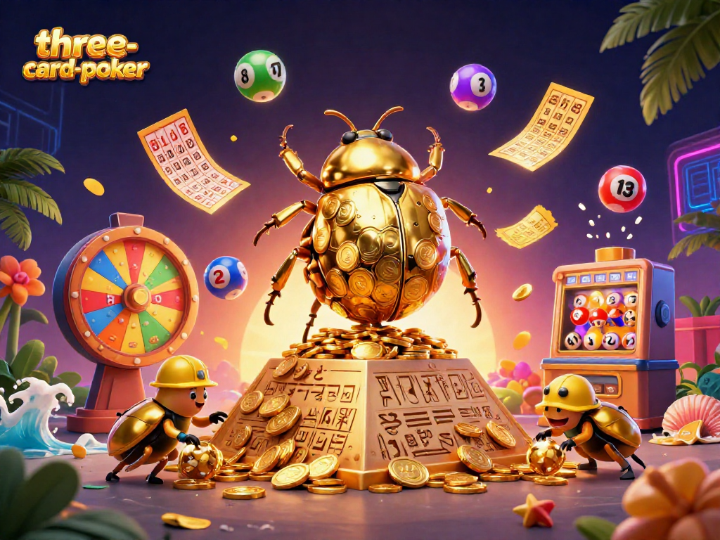 Engage in three-card-poker with vibrant visuals of golden coins and lively gameplay elements.