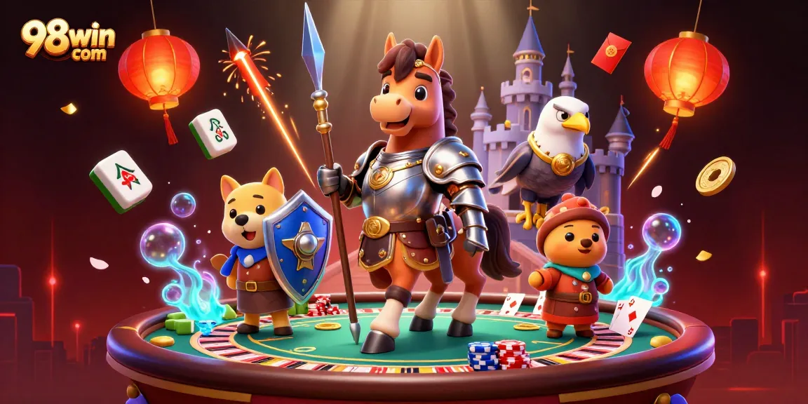 Engage with 98win com casino adventure featuring a knight and squire amidst vibrant gambling elements.