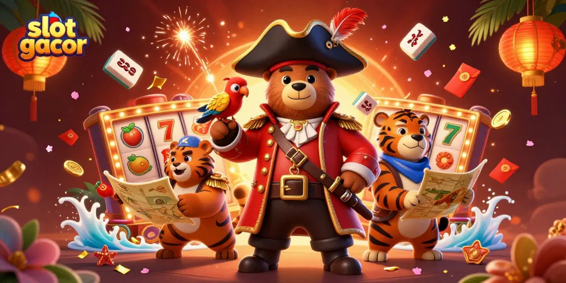 Permainan slot gacor menampilkan beruang bajak laut dengan harimau dan burung beo, penuh aksi dan detail.