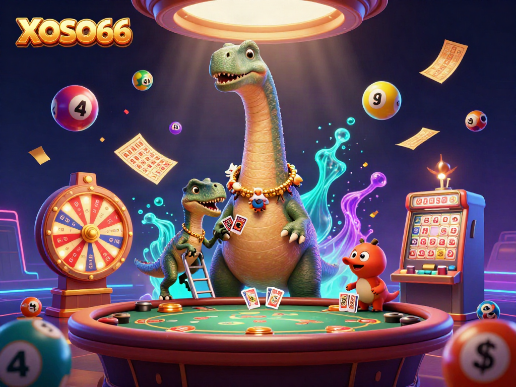 XOSO66 delights players with a towering brontosaurus and a clever raptor in a vibrant casino scene.